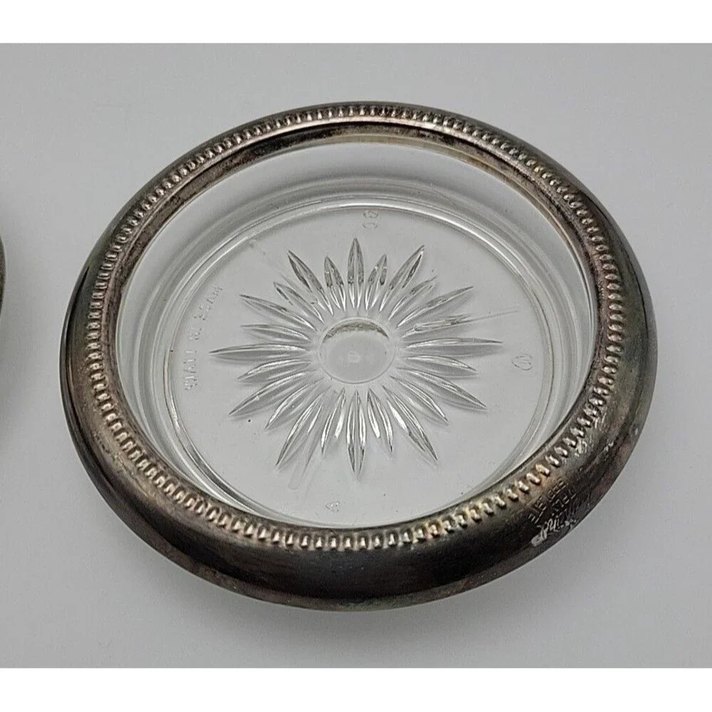 2 Vtg Leonard Crystal & Silverplate Coaster Ashtray Dish Sunburst Made In Italy